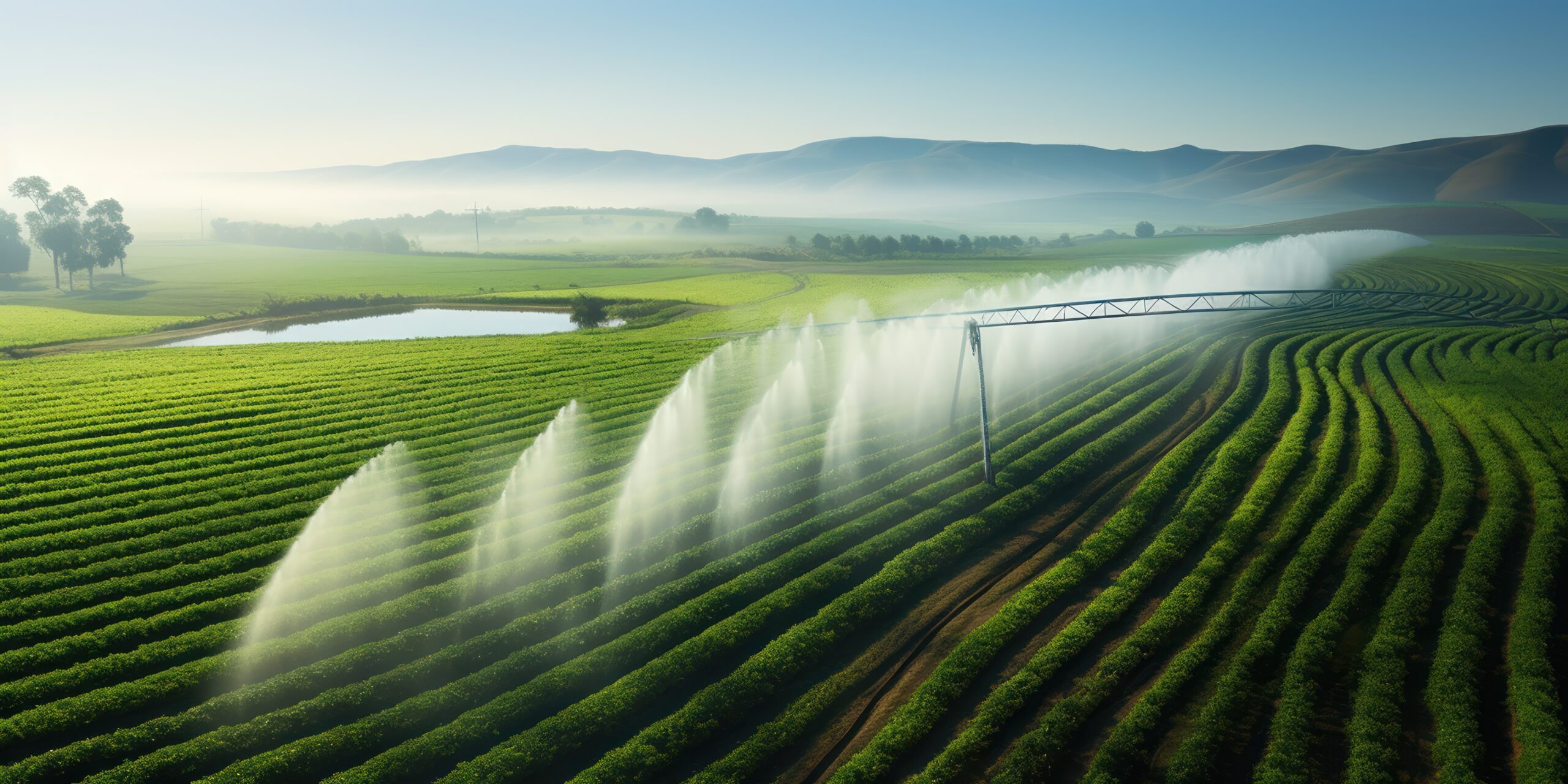 Refreshment from above, as sprinklers arc water over the geometric greenery of the fields.